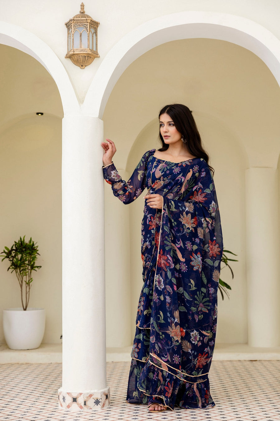 Blue Ready-to-Wear Georgette 3-Layer Ruffle Saree with Floral Digital Print & Lace Border Stitched Blouse Included