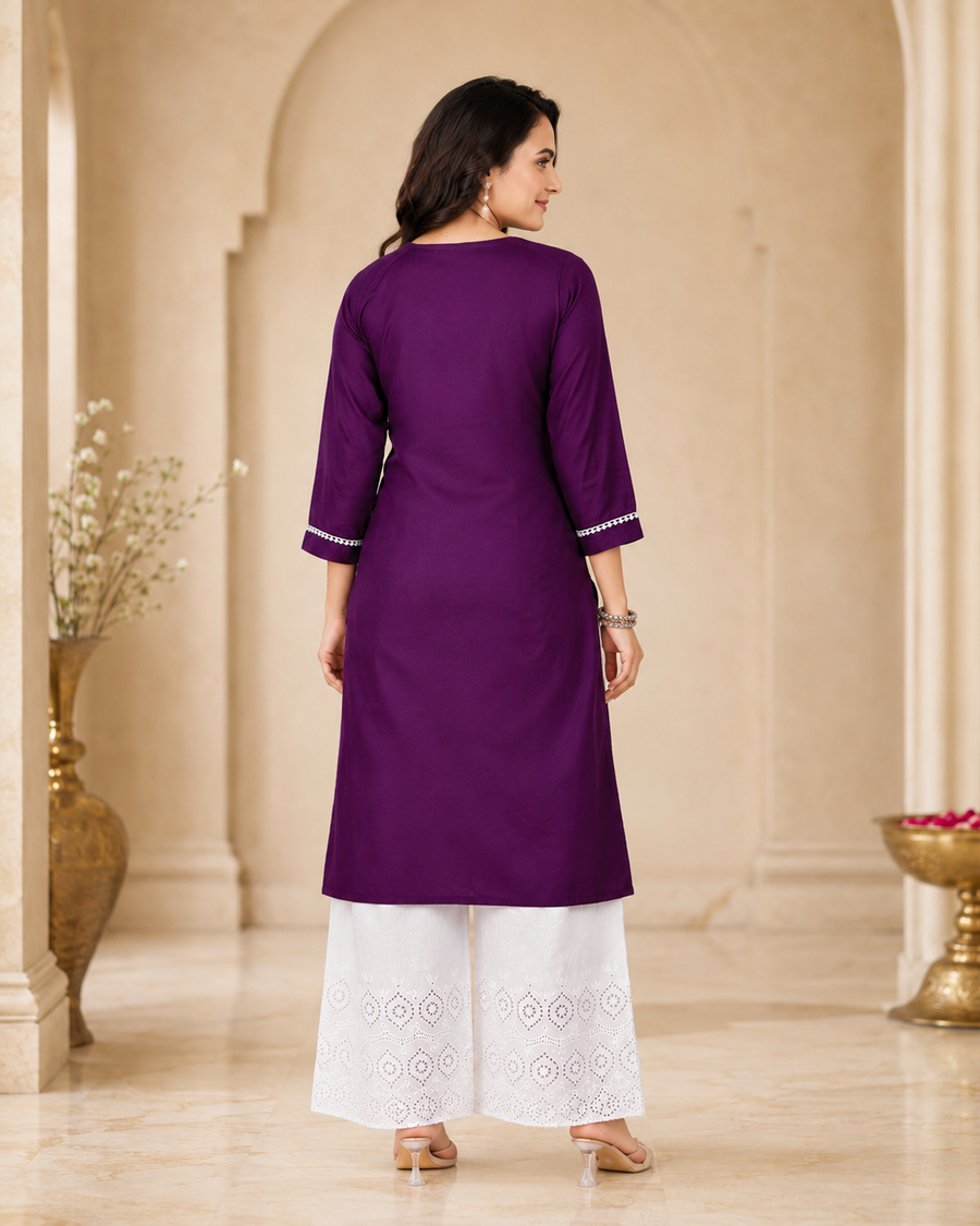Purple Lucknowi Chikankari Embroidered Tesla Slub Top for Women