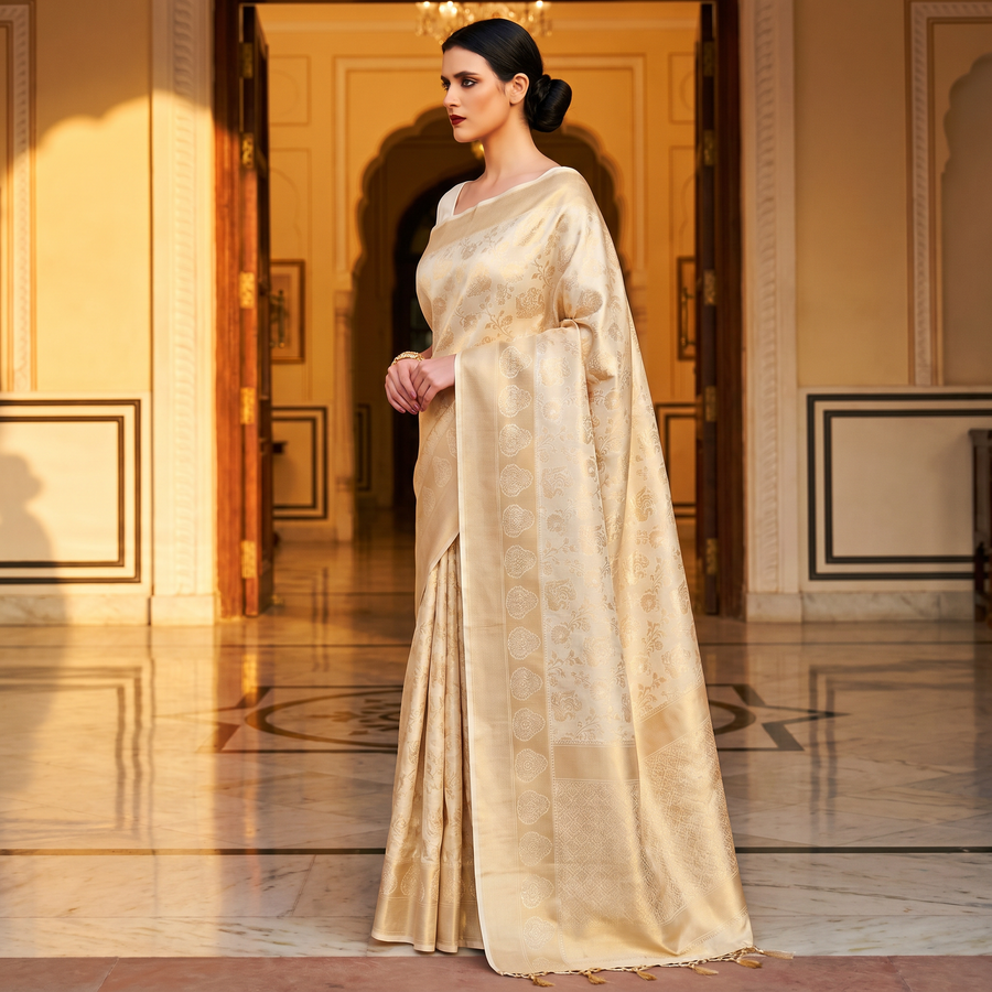White Gold Woven Kanjivaram Saree - Special Wedding Edition - Pehnaawaa