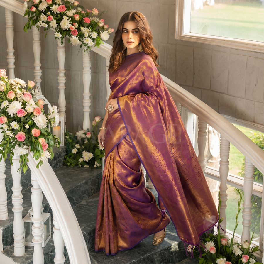 Wine Purple Woven Kanjivaram Saree - Pehnaawaa