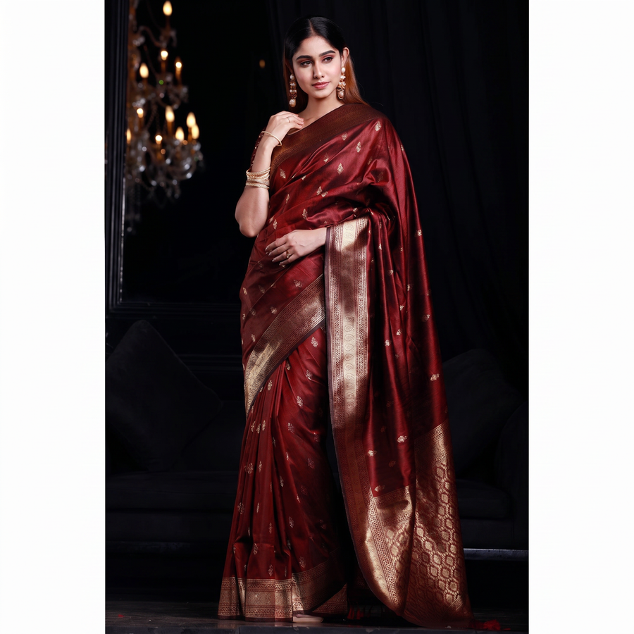 Mahogany Maroon Banarasi Saree - Pehnaawaa