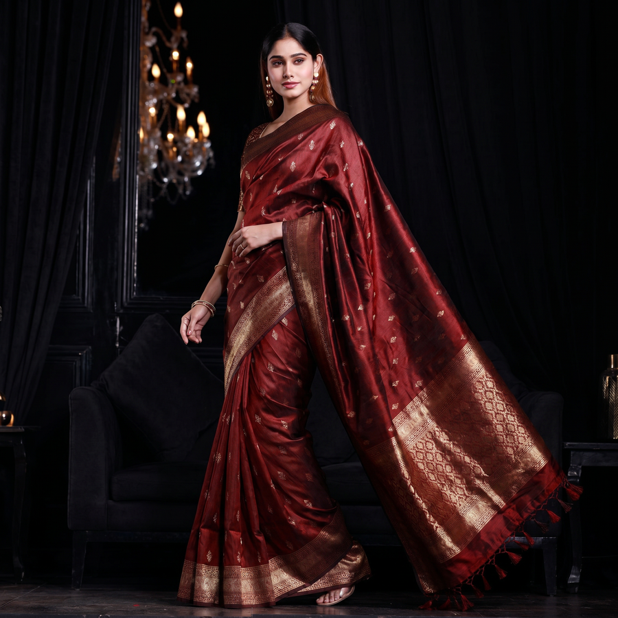 Mahogany Maroon Banarasi Saree - Pehnaawaa