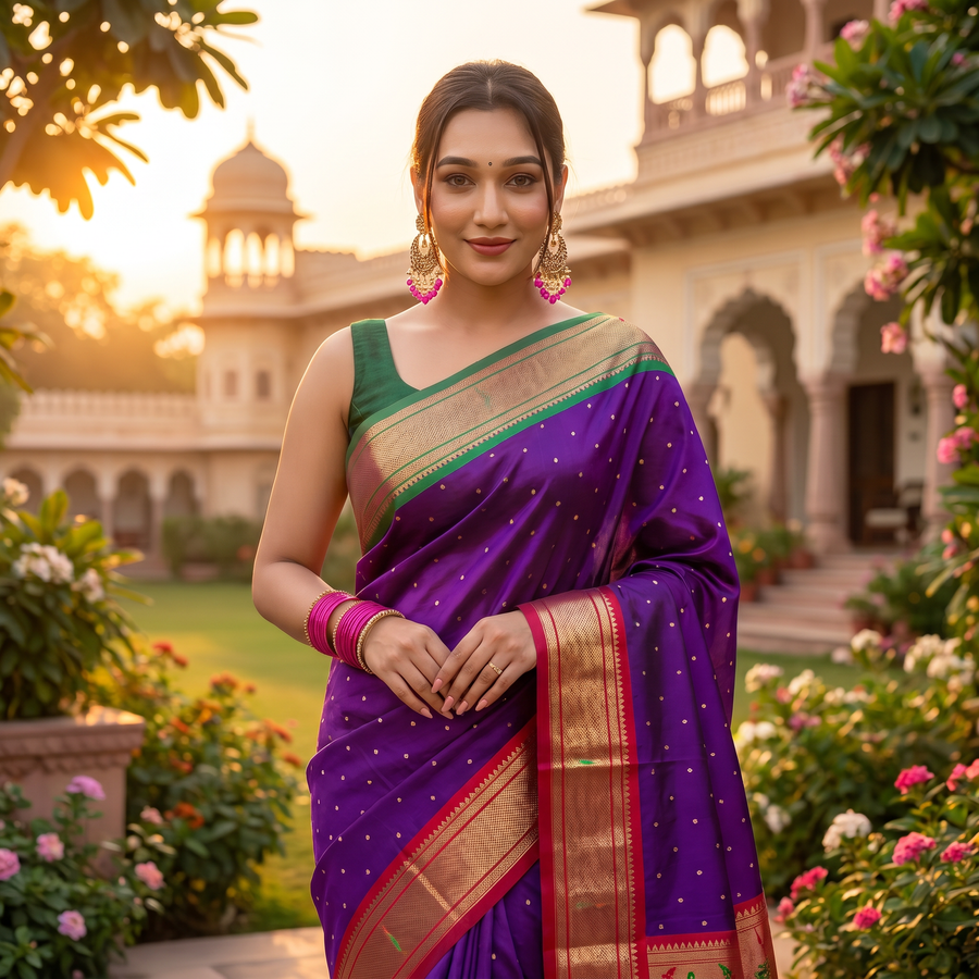 Blissful Purple Paithani Silk Saree With Brood Blouse Piece - Pehnaawaa
