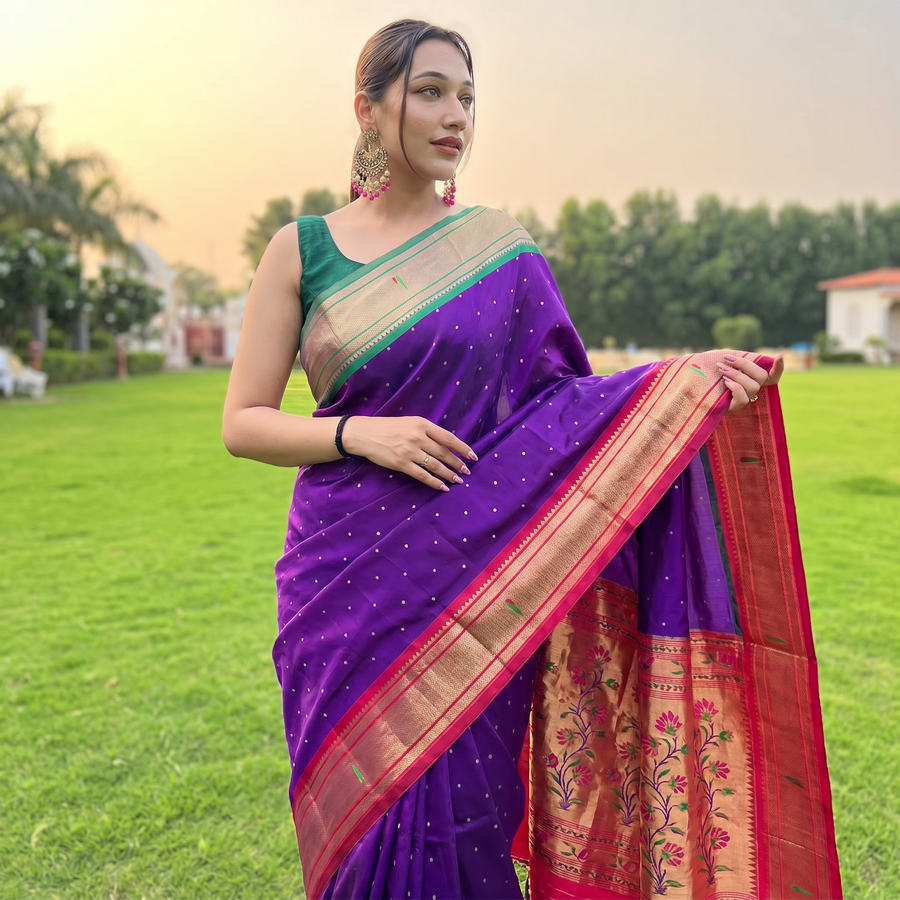 Blissful Purple Paithani Silk Saree With Brood Blouse Piece - Pehnaawaa