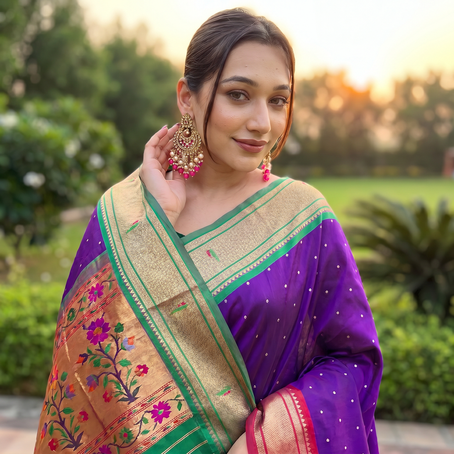 Blissful Purple Paithani Silk Saree With Brood Blouse Piece - Pehnaawaa