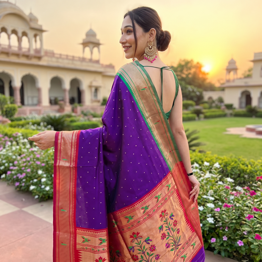 Blissful Purple Paithani Silk Saree With Brood Blouse Piece - Pehnaawaa