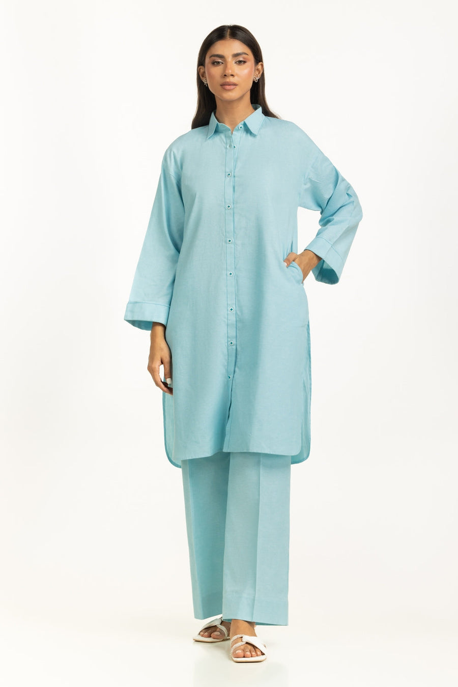 Aqua Cotton Chambray 2-Piece Shirt Set | Relaxed Collar