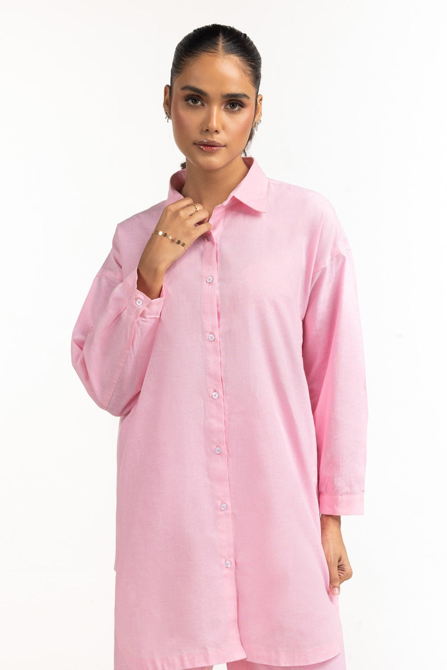 Tea Pink Cotton 2-Piece Co-ord Set | Relaxed Shirt Collar