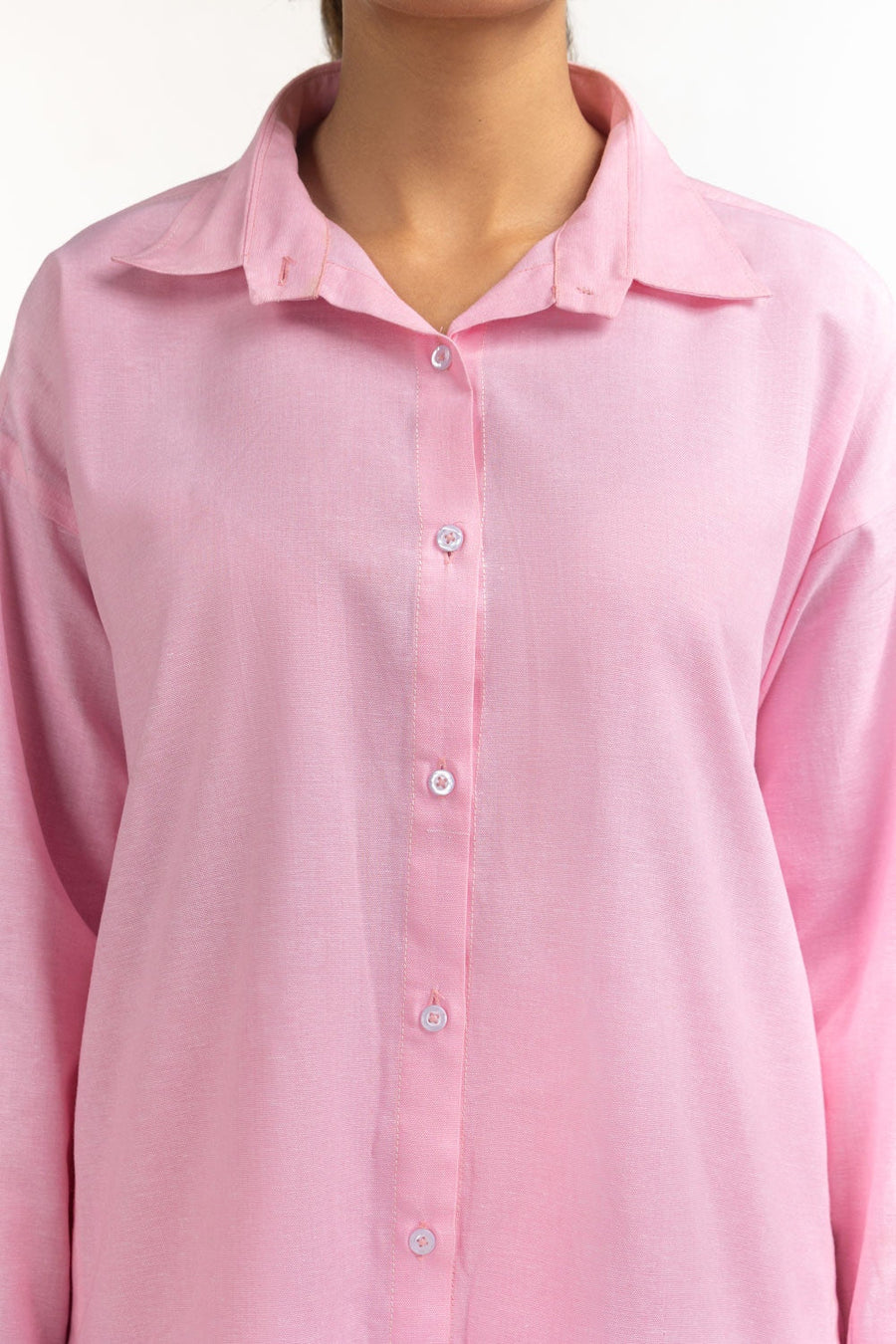 Tea Pink Cotton 2-Piece Co-ord Set | Relaxed Shirt Collar