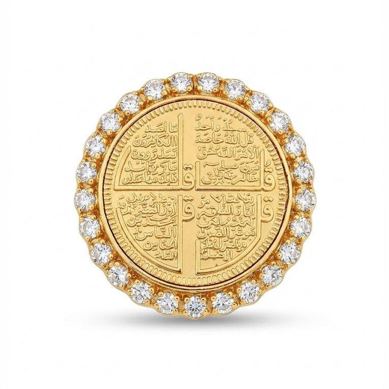 Front view of gold coin ring with engraved four Surahs and a halo of clear sparkling stones