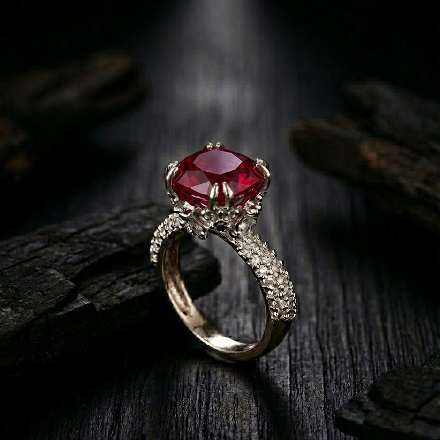 Silver cocktail ring with deep red cushion-cut gemstone and pave-set accent stones on band