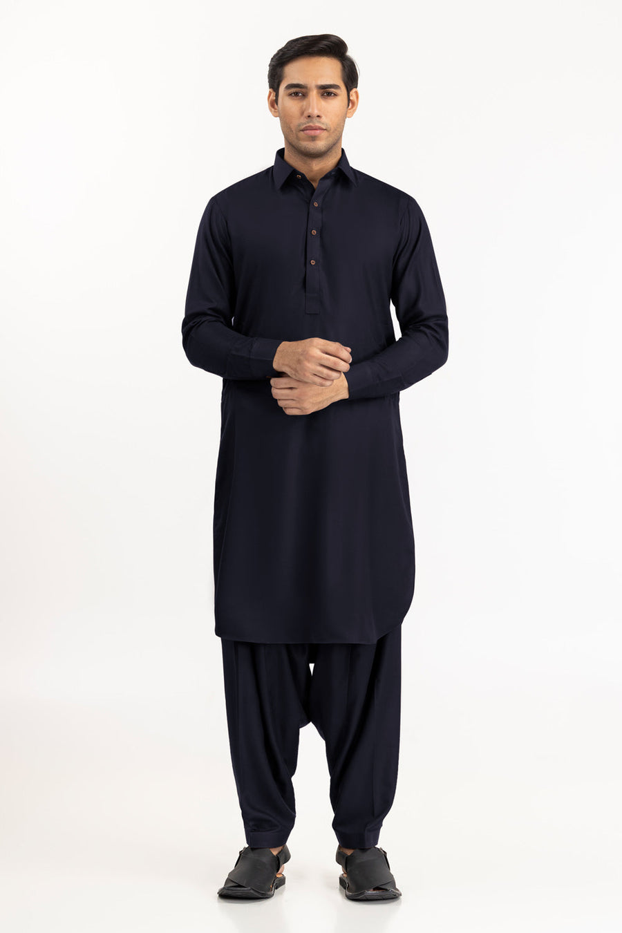 Midnight Navy Cotton Silk 2-Piece Kurta | Mandarin Collar