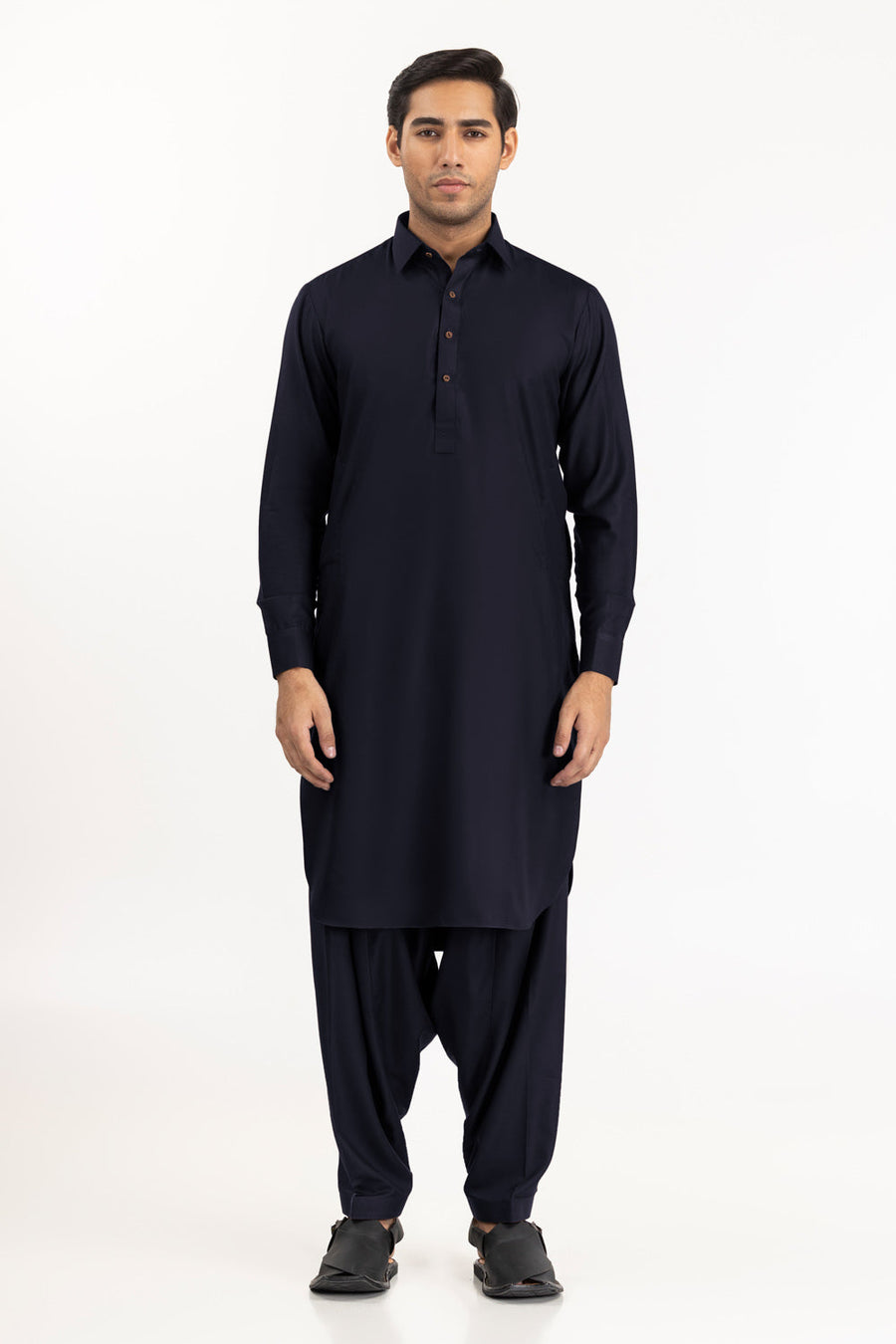 Midnight Navy Cotton Silk 2-Piece Kurta | Mandarin Collar