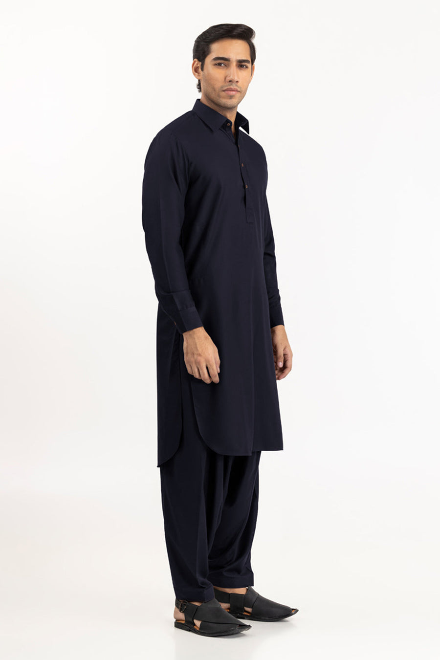 Midnight Navy Cotton Silk 2-Piece Kurta | Mandarin Collar