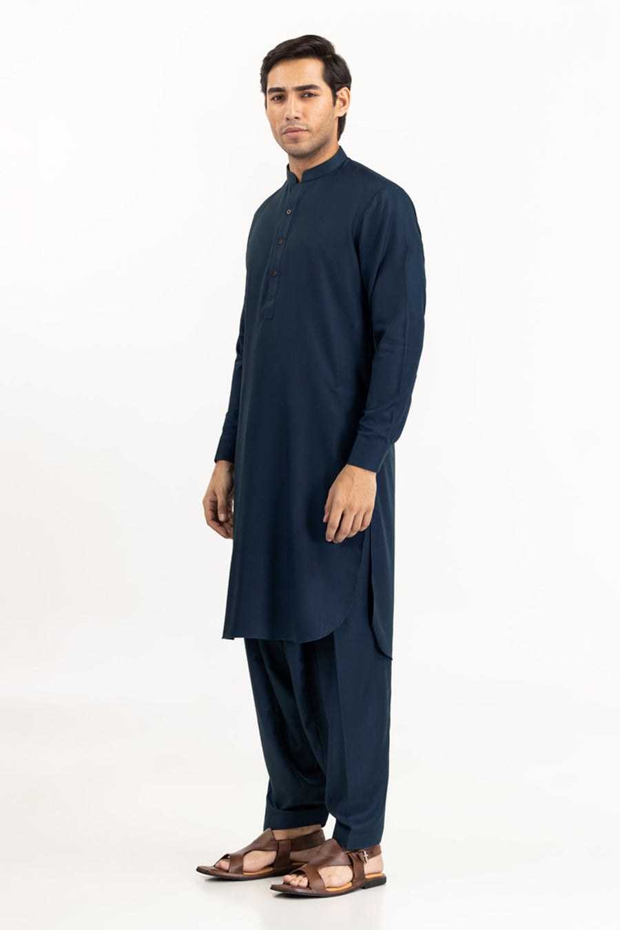 Midnight Navy Cotton Silk 2-Piece Kurta | Mandarin Collar