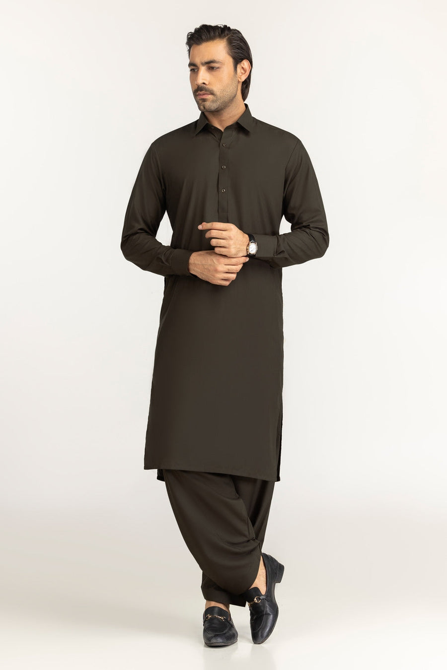 Olive Cotton 2-Piece Men's Kurta | Button-Front Collar