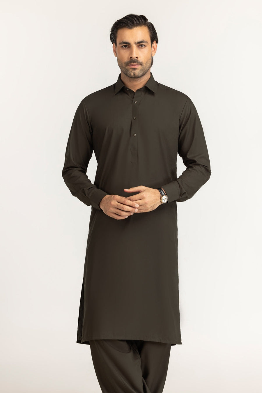 Olive Cotton 2-Piece Men's Kurta | Button-Front Collar