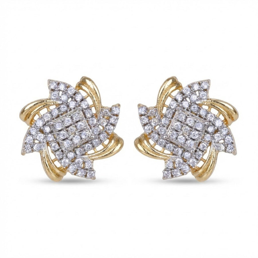 Pair of radiant gold and crystal stud earrings displayed on a white background