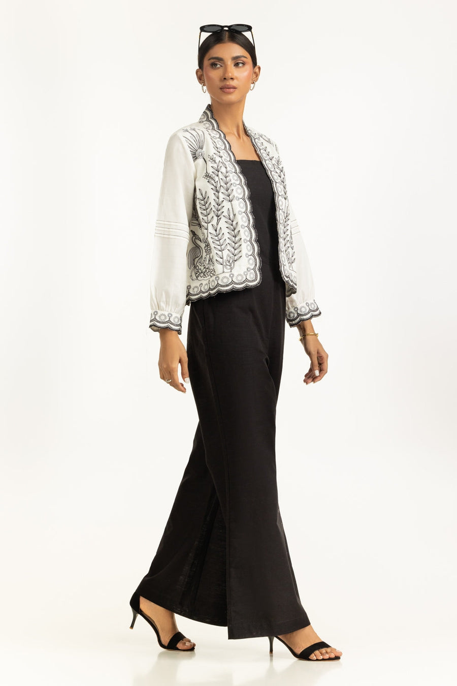 Ivory Cotton Dobby 2-Piece Palazzo Set | Schiffli Embroidered Jacket