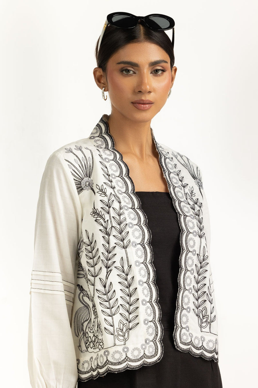 Ivory Cotton Dobby 2-Piece Palazzo Set | Schiffli Embroidered Jacket