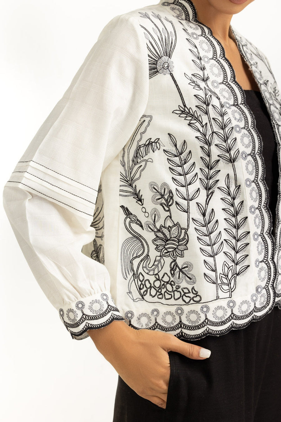Ivory Cotton Dobby 2-Piece Palazzo Set | Schiffli Embroidered Jacket