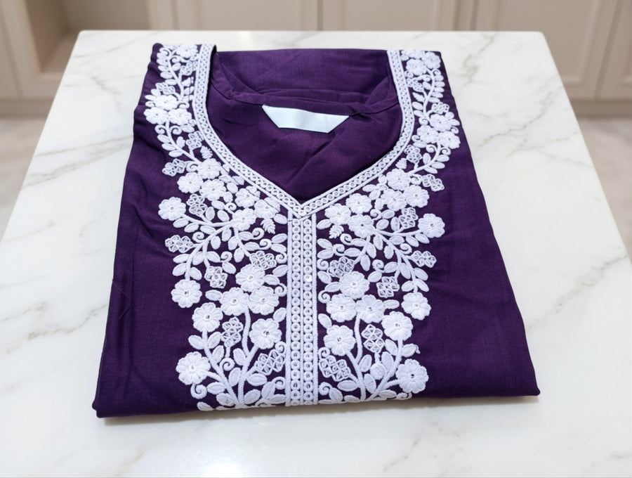Purple Lucknowi Chikankari Embroidered Tesla Slub Top for Women