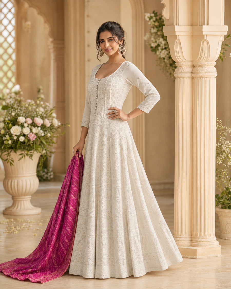 Ivory White Georgette Chikankari Anarkali Suit with Embroidered Dupatta