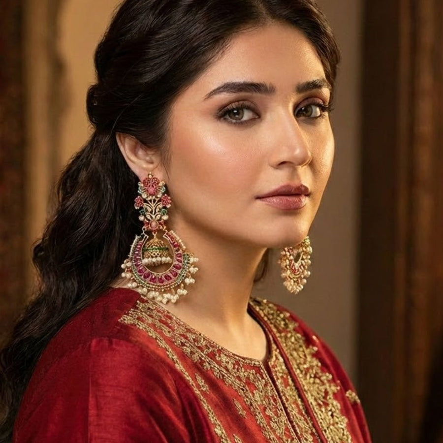 Model wearing traditional jhumka earrings with gold-tone and pearl accents paired with red embroidered ethnic attire