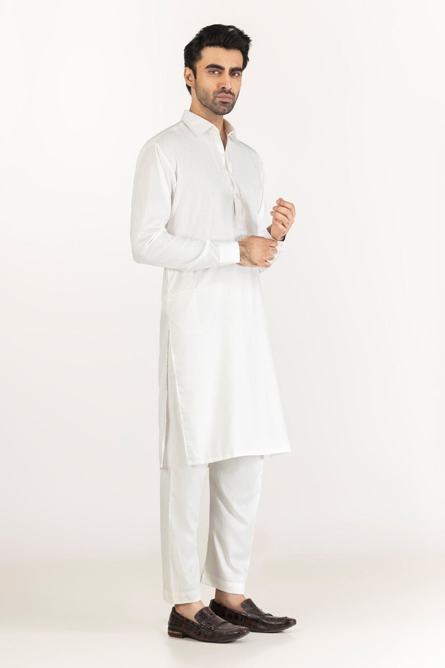 Off-White Cotton 2-Piece Kurta Pajama | Button-Front Tunic Cut