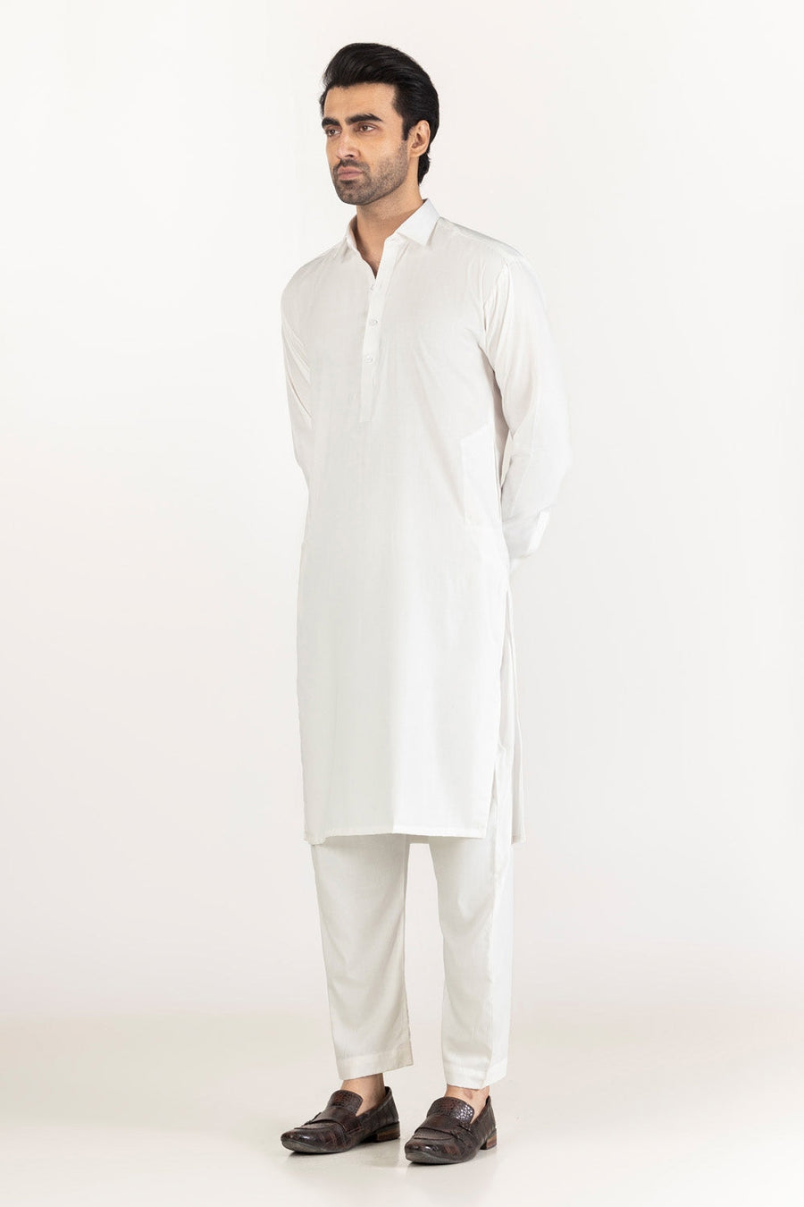 Off-White Cotton 2-Piece Kurta Pajama | Button-Front Tunic Cut