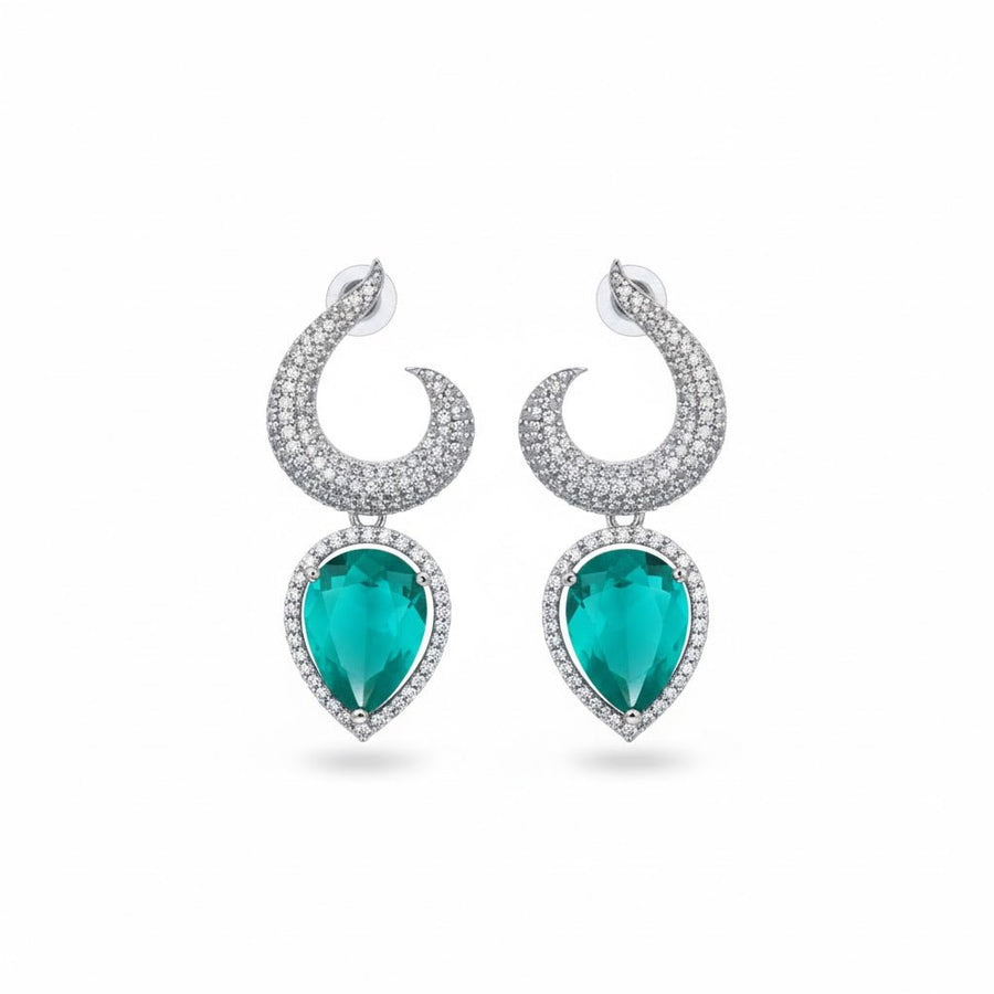 Pair of silver-plated earrings with green teardrop gemstones displayed on white background