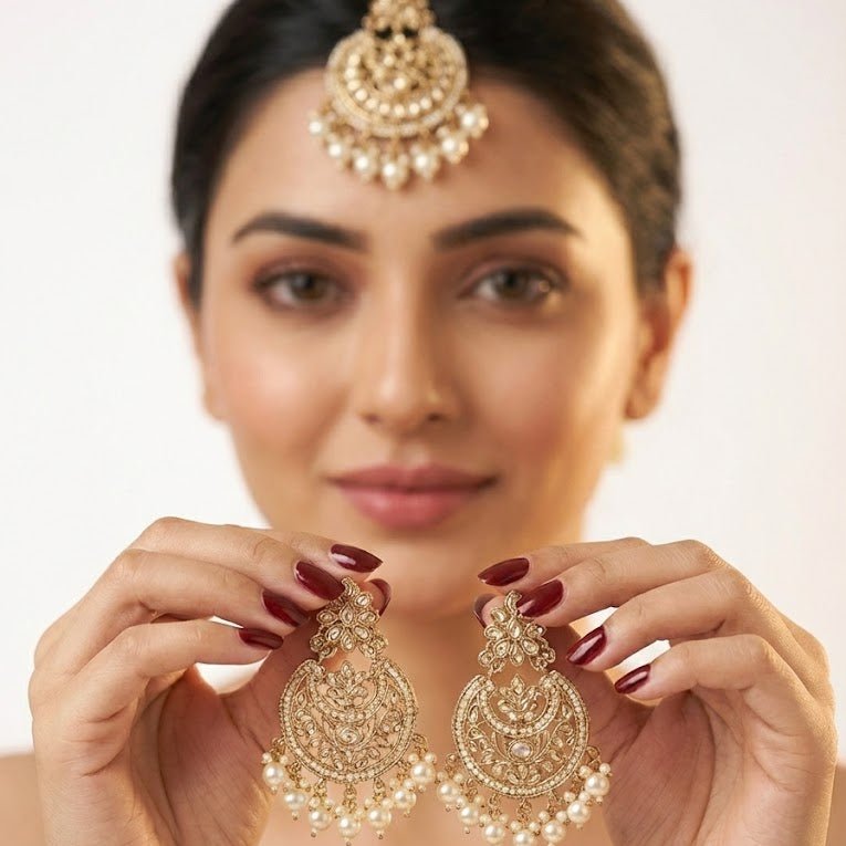 Gold Plated Crescent Moon Earrings & Tikka Jewelry Set - Pehnaawaa