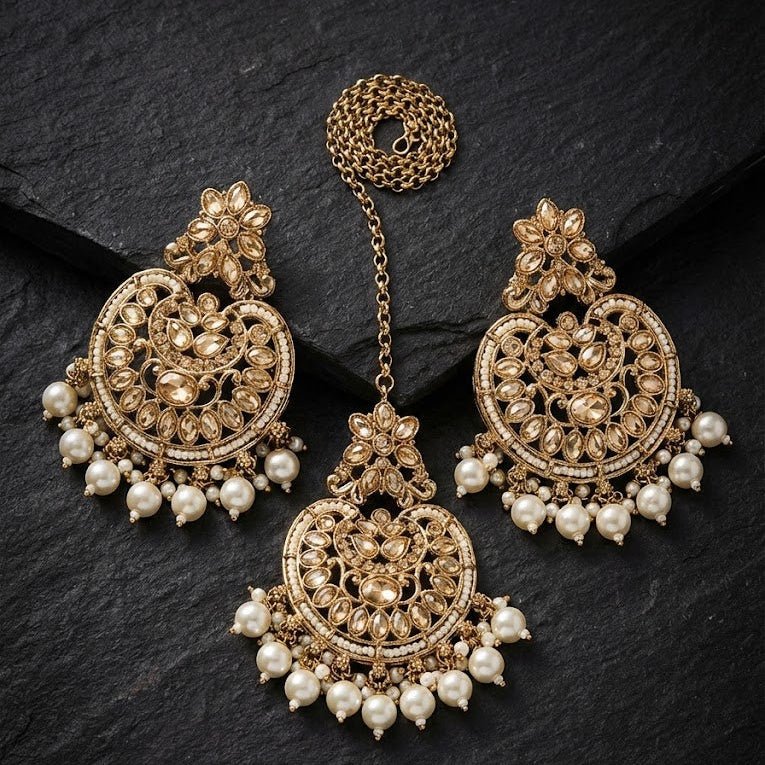 Gold Plated Crescent Moon Earrings & Tikka Jewelry Set - Pehnaawaa
