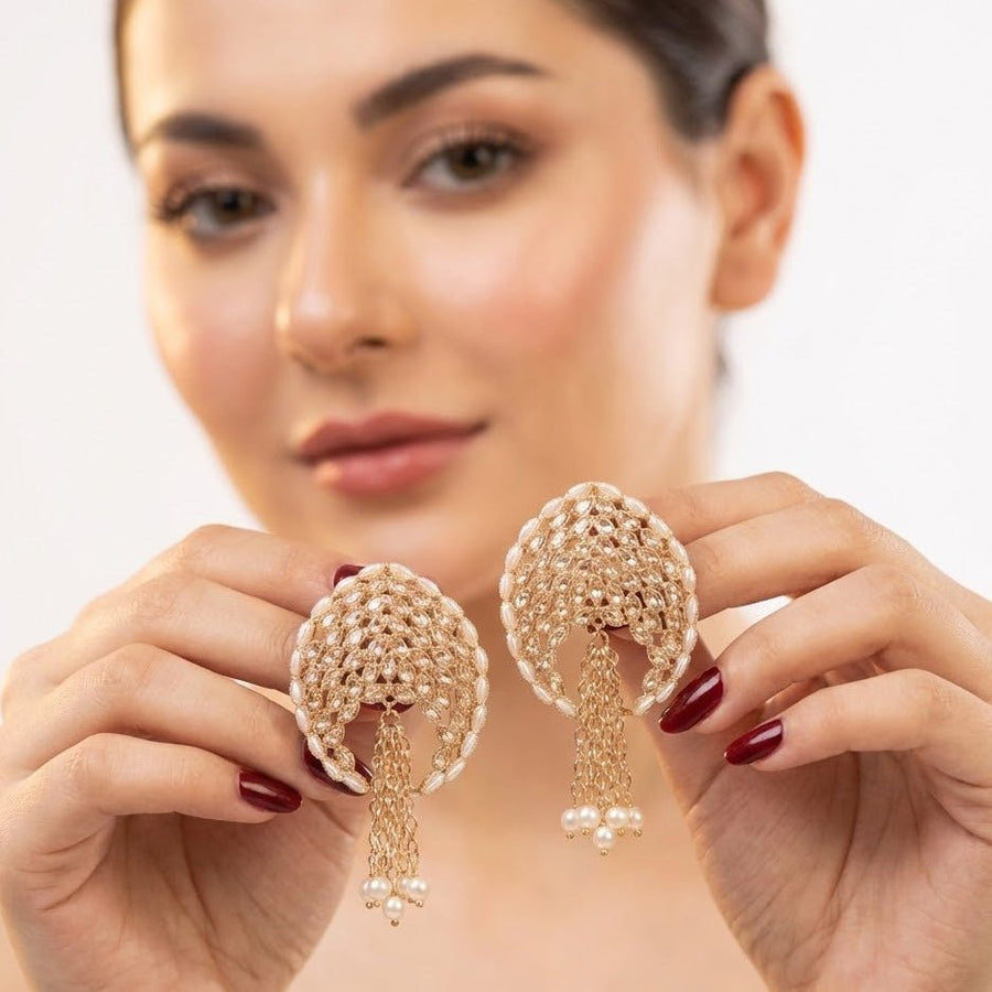 Gold Plated Statement Tassel Earrings with Pearls & Marquise Stones - Pehnaawaa