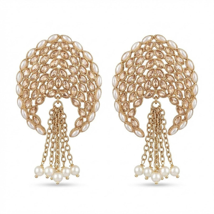 Gold Plated Statement Tassel Earrings with Pearls & Marquise Stones - Pehnaawaa
