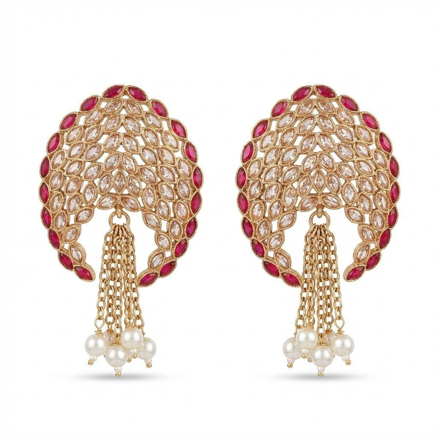 Gold Plated Statement Tassel Earrings with Pearls & Marquise Stones - Pehnaawaa