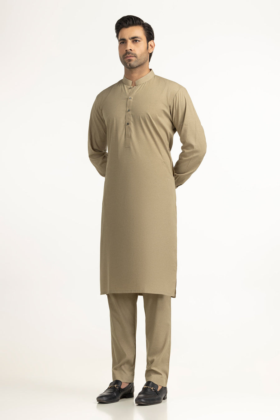 Taupe Silk Blend 2-Piece Kurta Set | Mandarin Collar