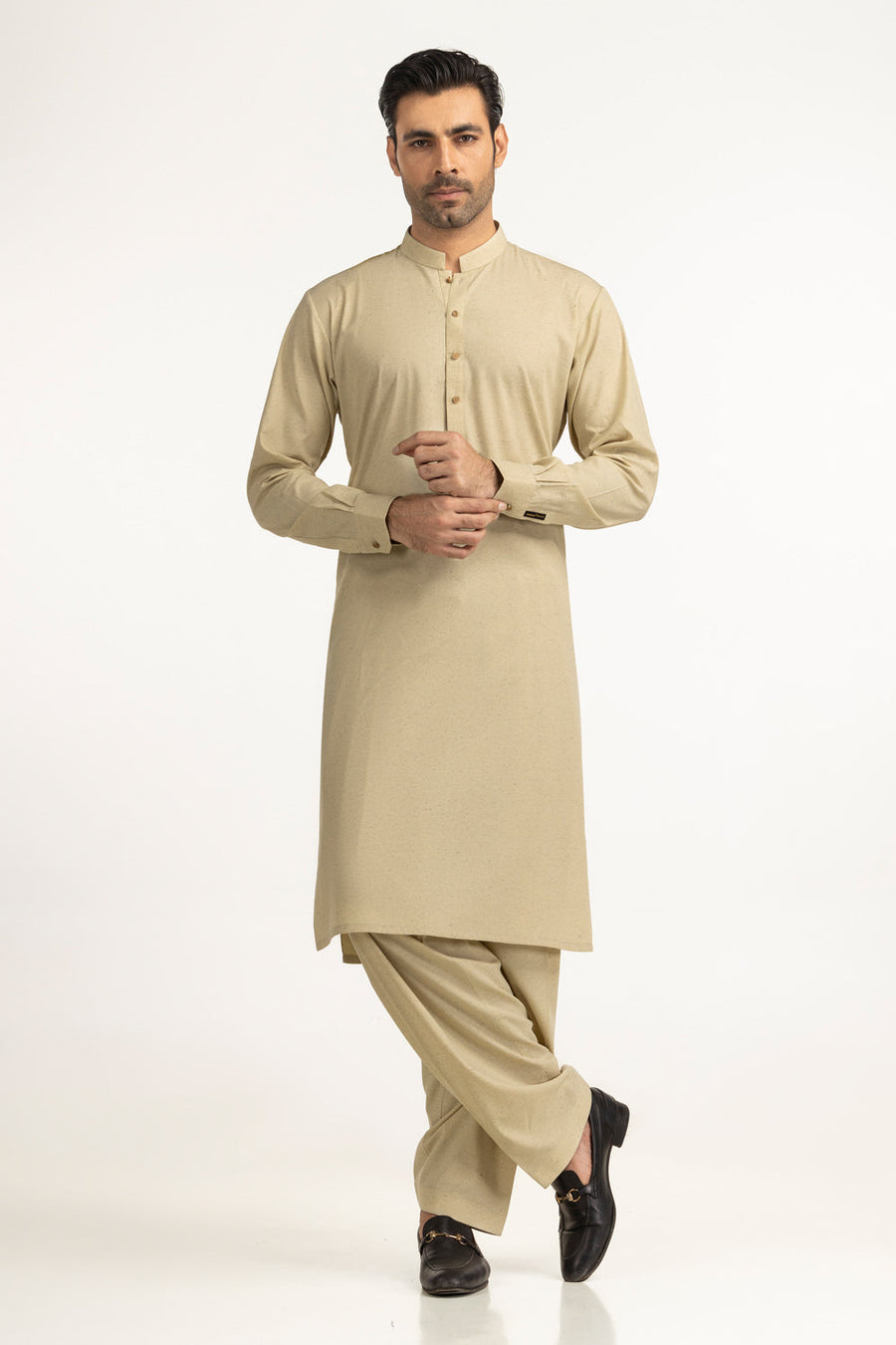 Taupe Silk Blend 2-Piece Kurta Set | Mandarin Collar