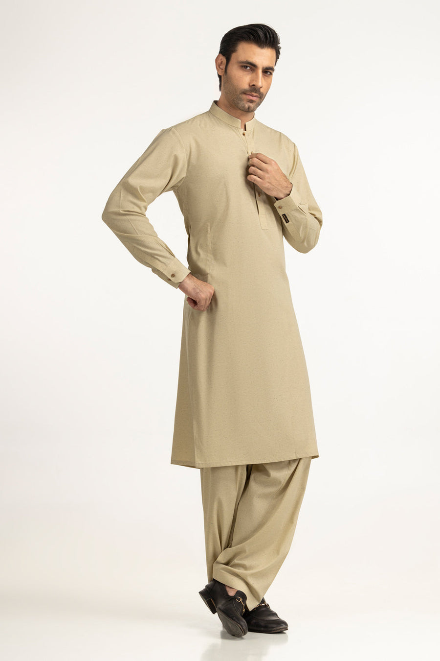 Taupe Silk Blend 2-Piece Kurta Set | Mandarin Collar