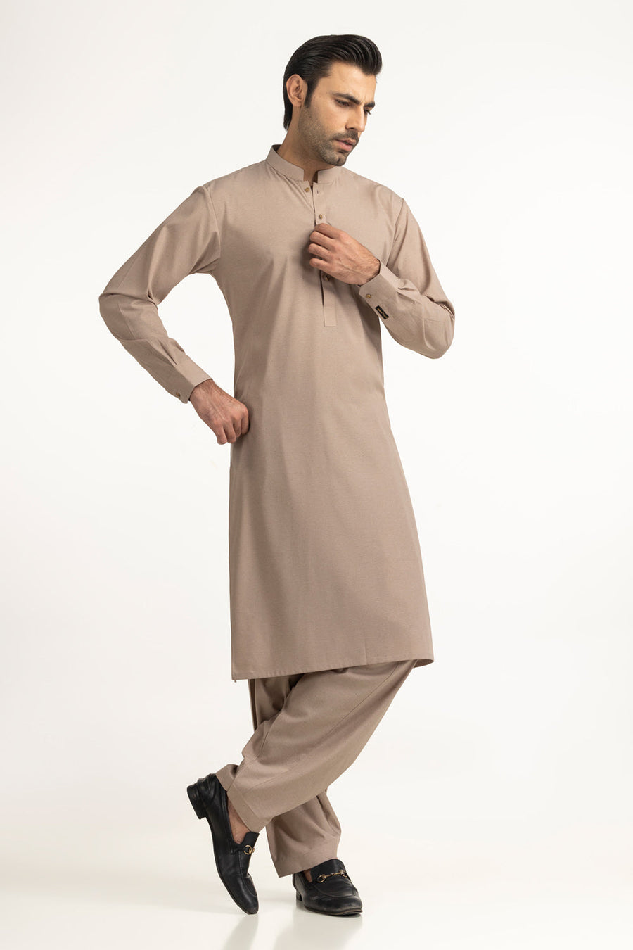 Taupe Silk Blend 2-Piece Kurta Set | Mandarin Collar