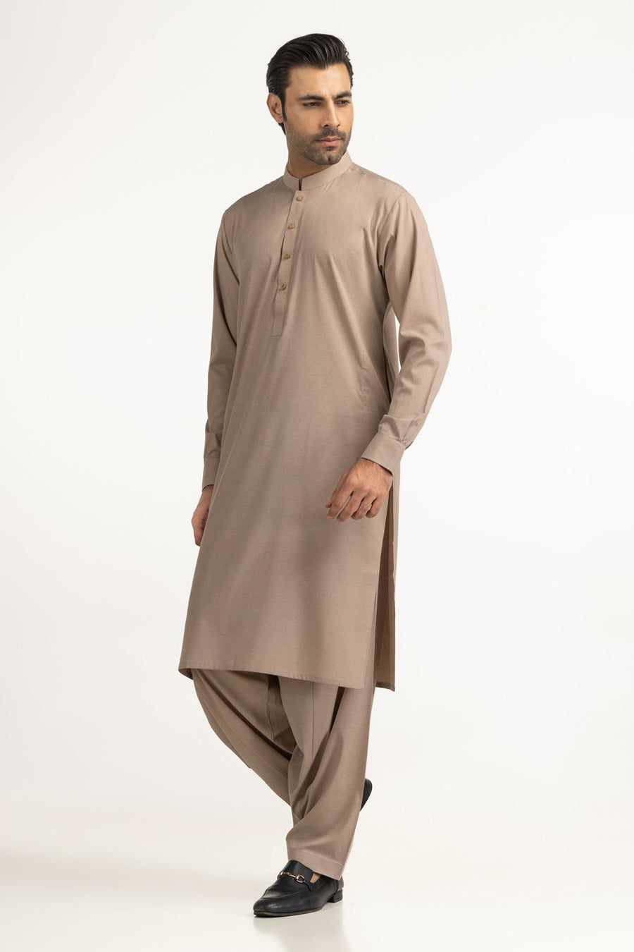 Taupe Silk Blend 2-Piece Kurta Set | Mandarin Collar
