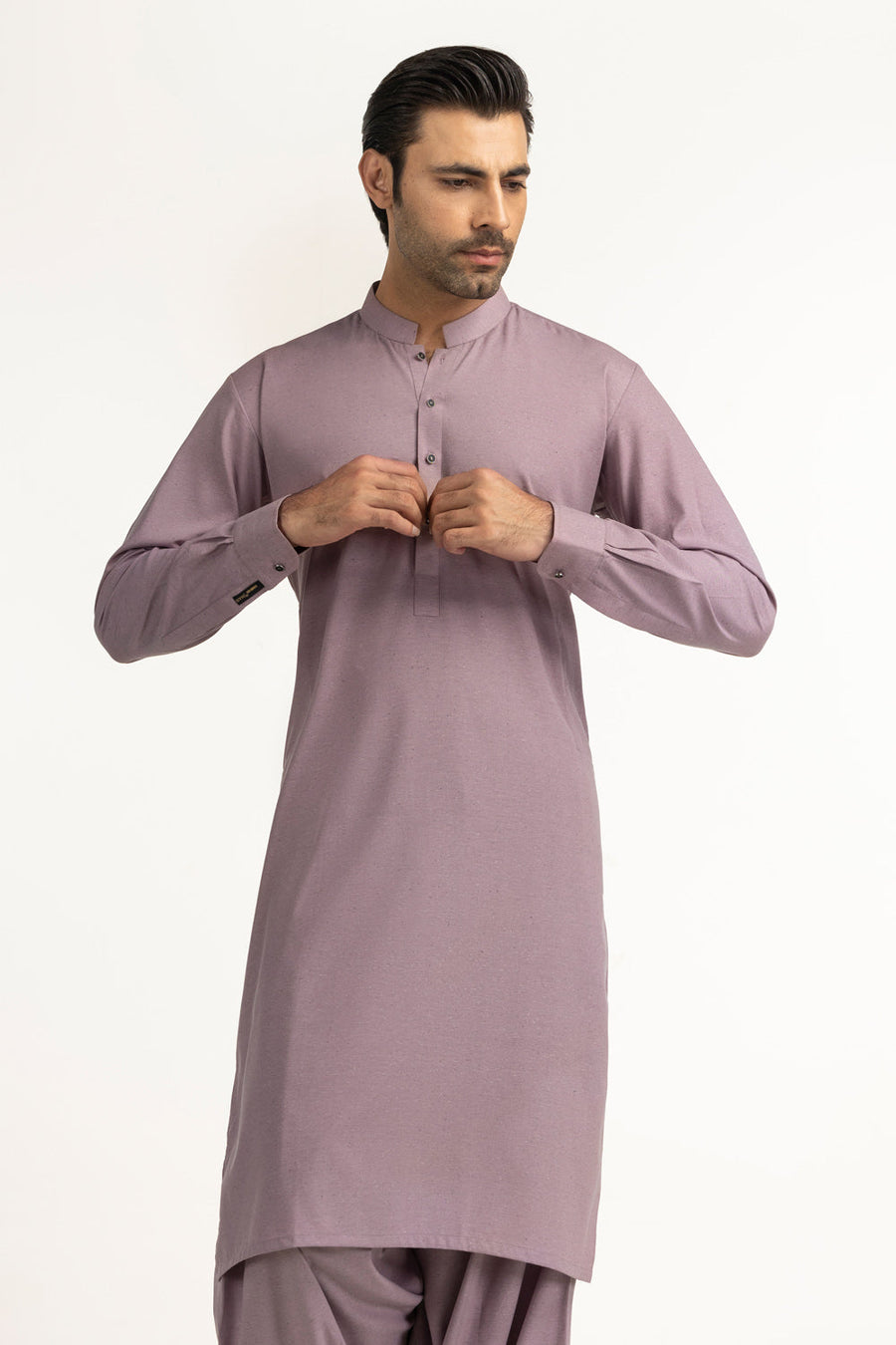 Taupe Silk Blend 2-Piece Kurta Set | Mandarin Collar