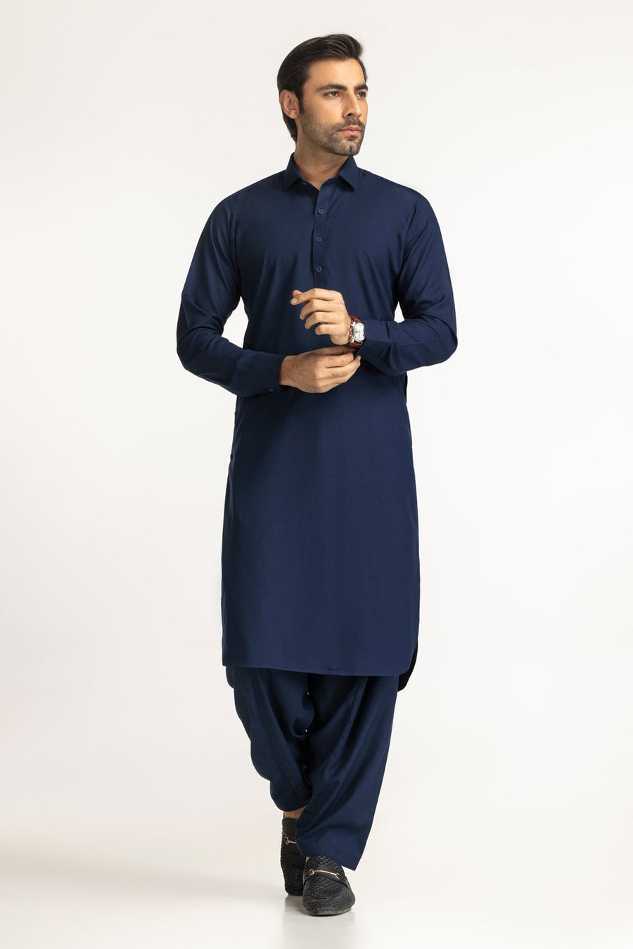 Midnight Navy Silk Blend 2-Piece Kurta | Classic Collar