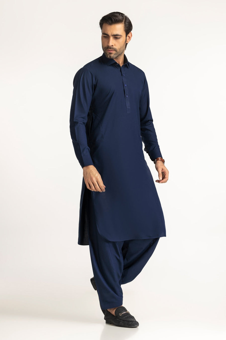 Midnight Navy Silk Blend 2-Piece Kurta | Classic Collar