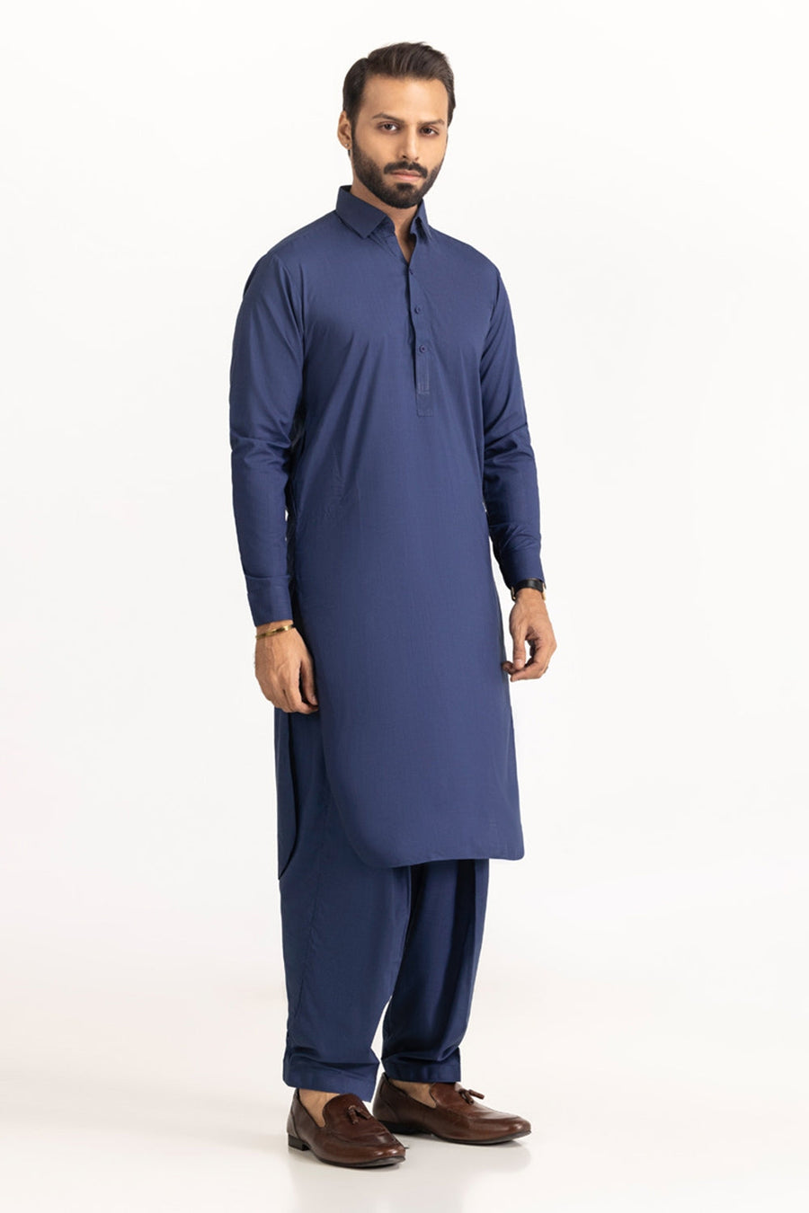 Midnight Navy Silk Blend 2-Piece Kurta | Classic Collar