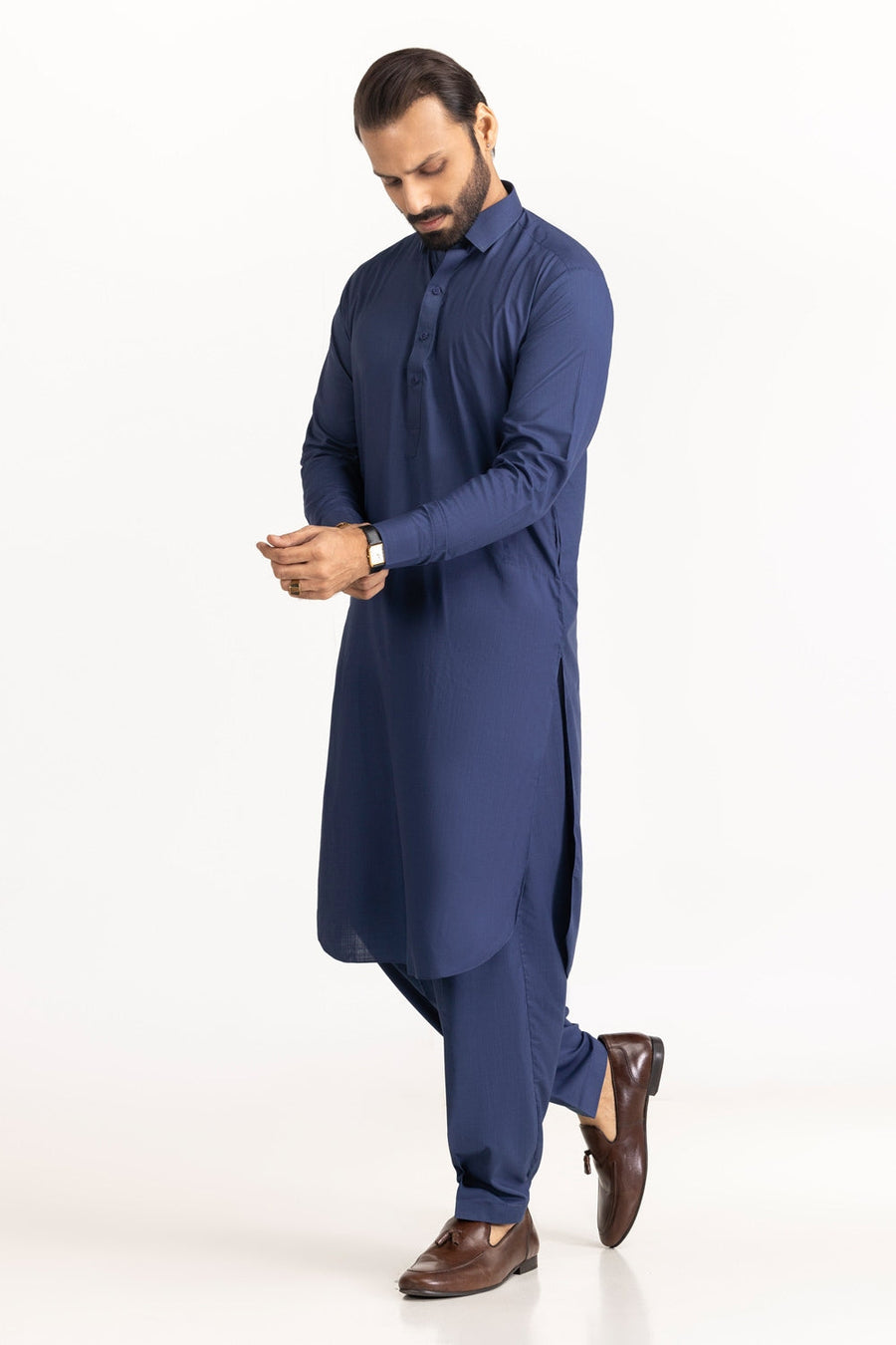 Midnight Navy Silk Blend 2-Piece Kurta | Classic Collar