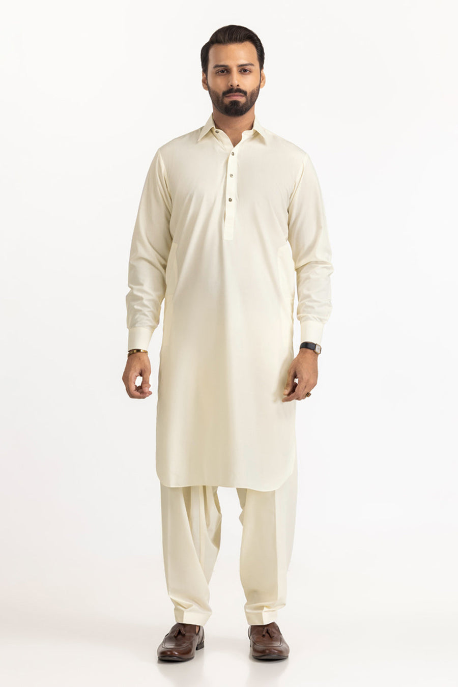 Sage Linen Blend 2-Piece Men's Salwar Kameez | Henley Neckline