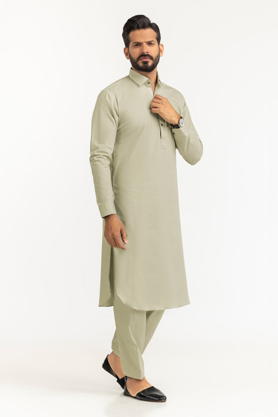 Sage Linen Blend 2-Piece Men's Salwar Kameez | Henley Neckline