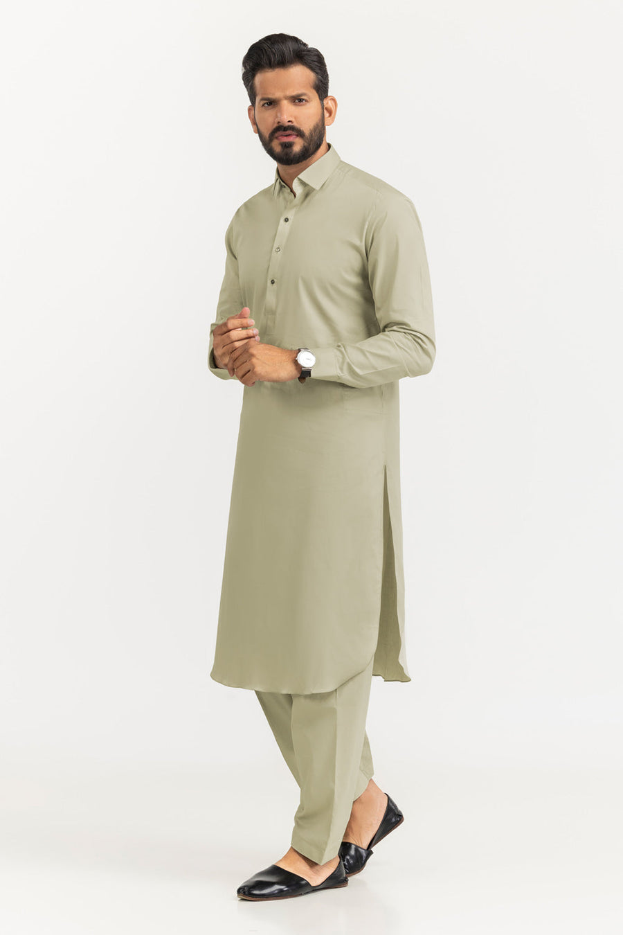 Sage Linen Blend 2-Piece Men's Salwar Kameez | Henley Neckline