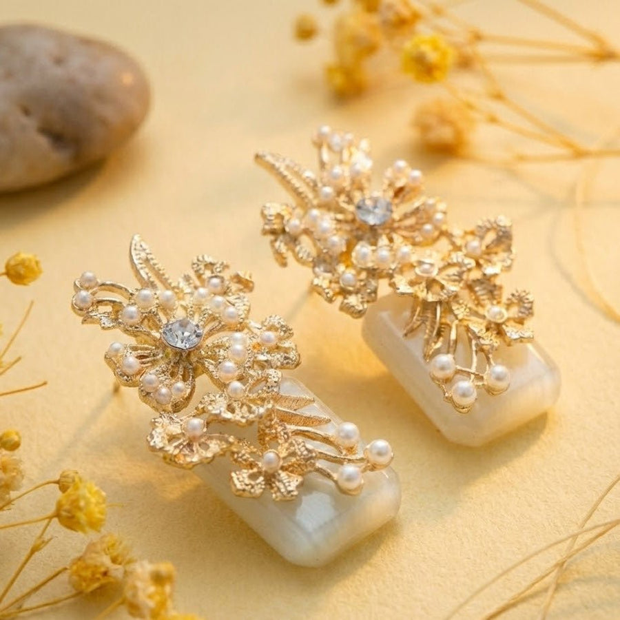 Hand Crafted Blossom Earrings - Gold Plated Semi Precious Stone - Pehnaawaa